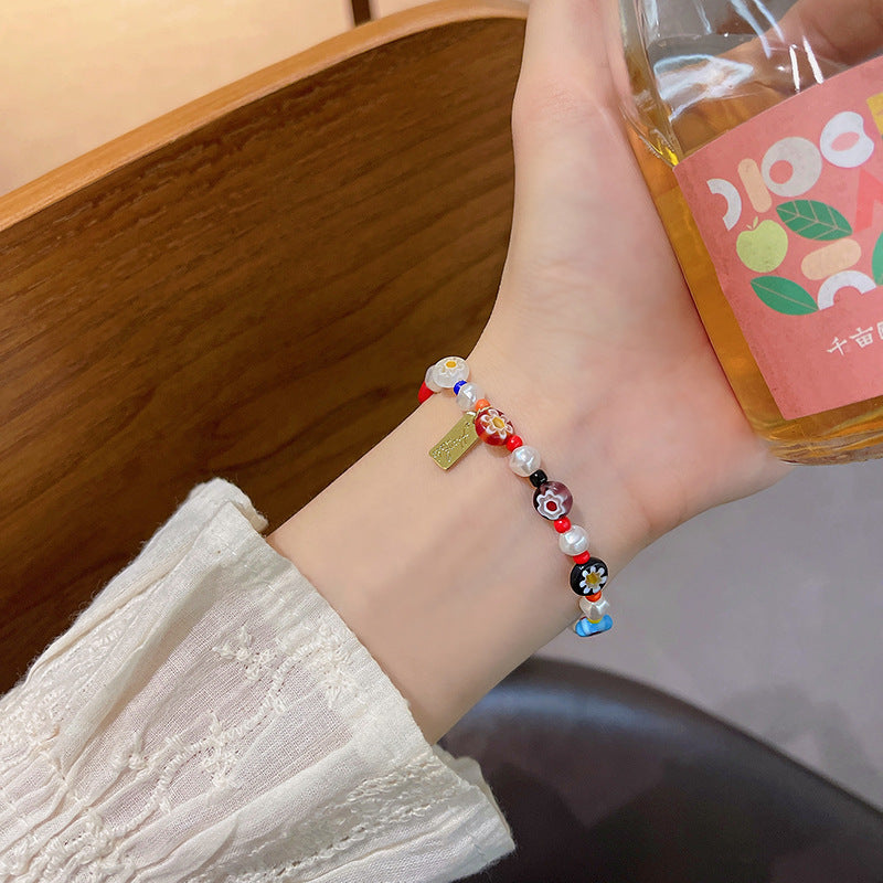 Colorful Cute Beaded Bracelet with Niche Pearl